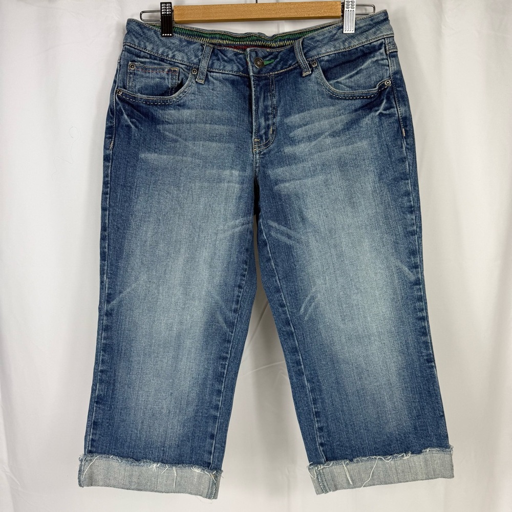 725 Original Capri Jean Women Elastic Waist Sz 11 Blue Denim Flip Cuff Raw Edge